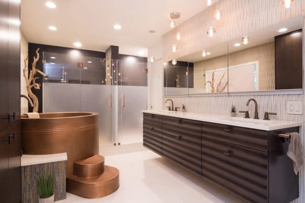 Asian Inspired Bathroom With Walnut Cabinets