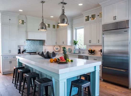 Coastal Style White Kitchen With Blue Island