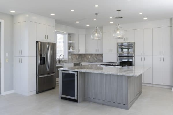 Contemporary White Laminate Kitchen With Gray Island