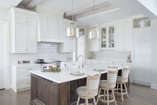 Painted White Kitchen With Dark Wood Island