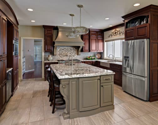 Traditional Cherry Cabinets With Medium Brown Painted Island