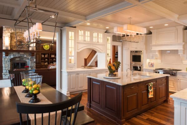 Traditional White Kitchen With Dark Cherry Island