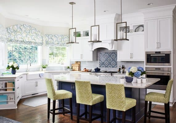 Transitional Painted White Kitchen With Classic Blue Island